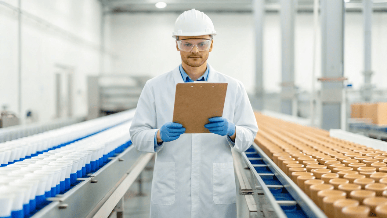A quality inspector holding a clipboard and auditing a factory production line