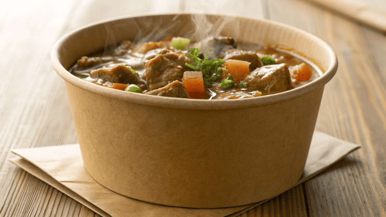 A sturdy Kraft paper bowl filled with steaming hot stew