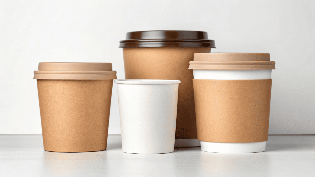 A Kraft cup with a QR code linking to information about its sustainability