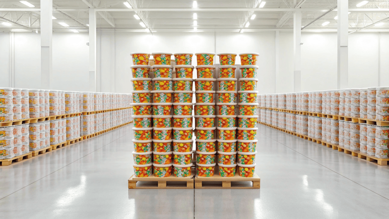 Neatly stacked instant noodle paper cups ready for shipping