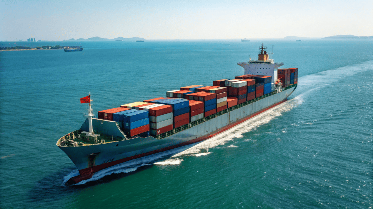 A container ship full of cargo traveling from China to the rest of the world