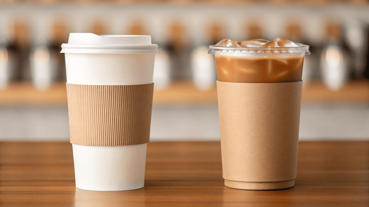 A hot coffee in a standard cup and an iced coffee in a sturdy double PE cup
