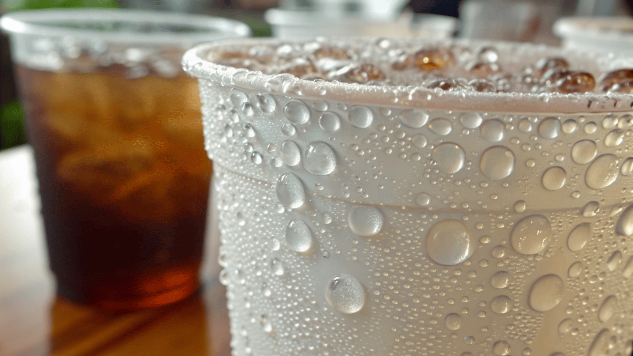 A close-up showing water beads of condensation on the outer plastic layer of a double PE cup