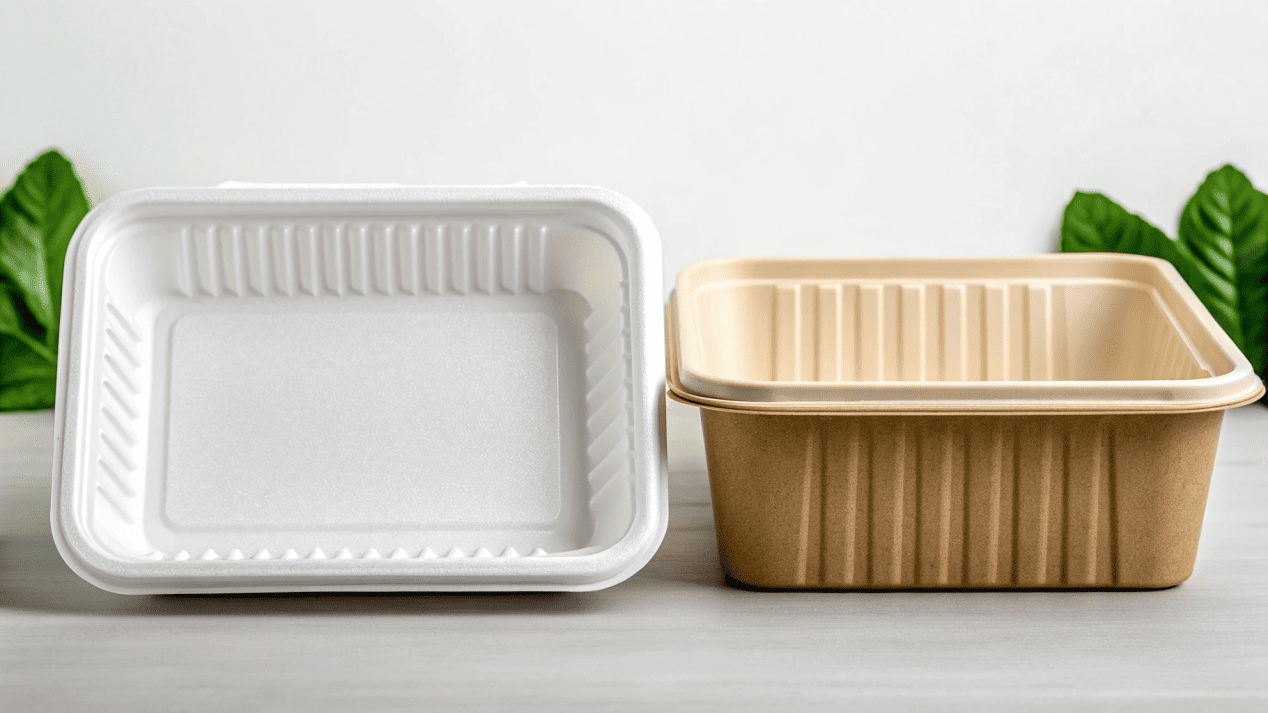 A collection of PLA-coated paper cups, boxes, and bags showcasing their versatility