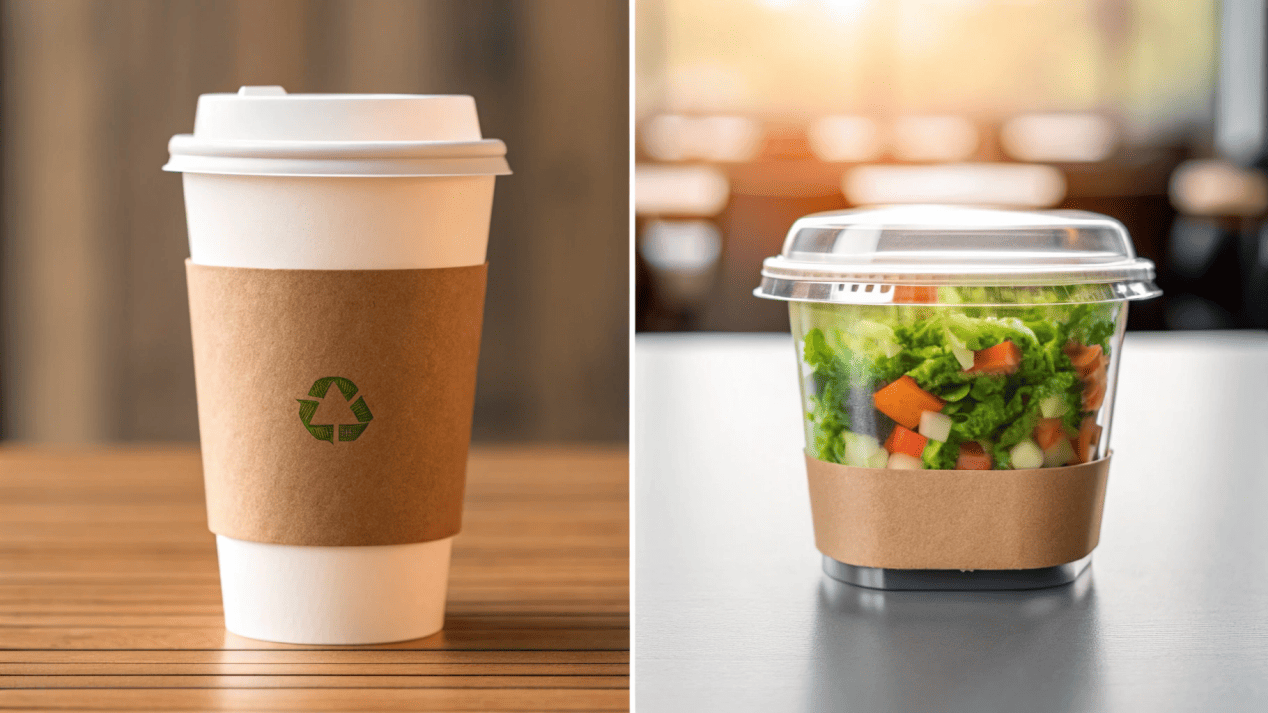 A collage showing PLA-coated cups with iced coffee, PLA boxes with salads, and PLA bags with croissants