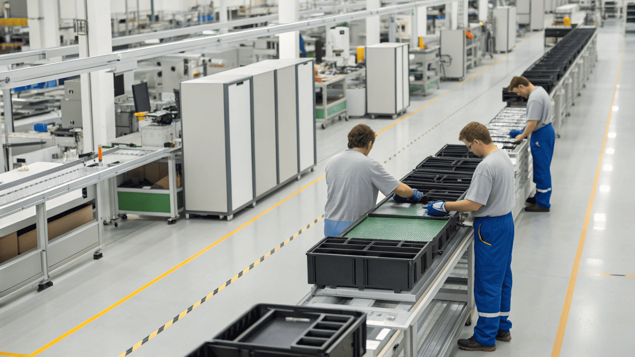 An image of a large, clean factory floor showing rolls of paper and production lines