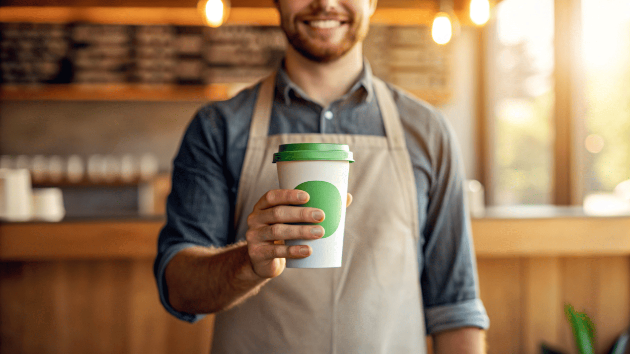 A small business owner proudly holding their new custom-printed PLA cups with a low MOQ