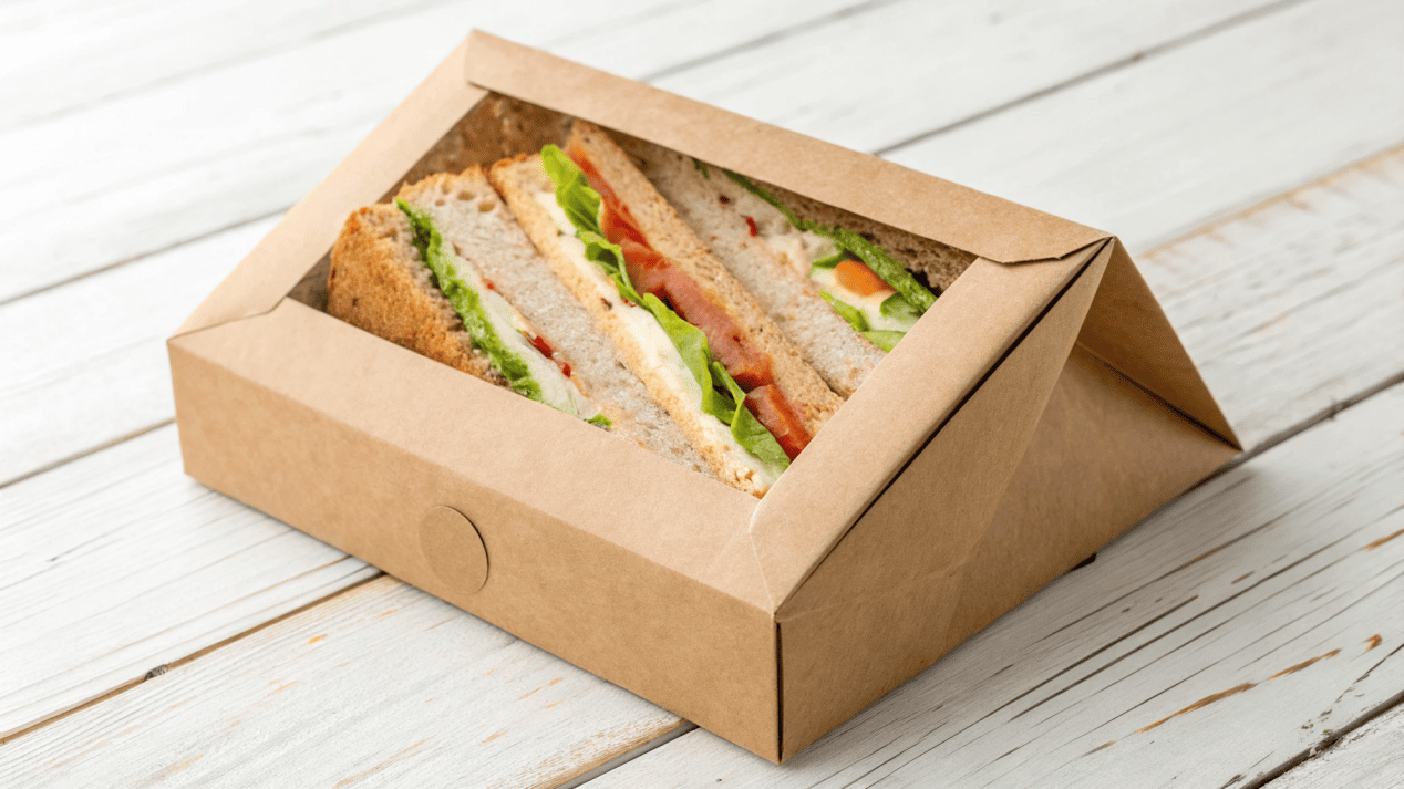A stylish kraft paper sandwich box with a large, clear PLA window showing the fresh sandwich inside