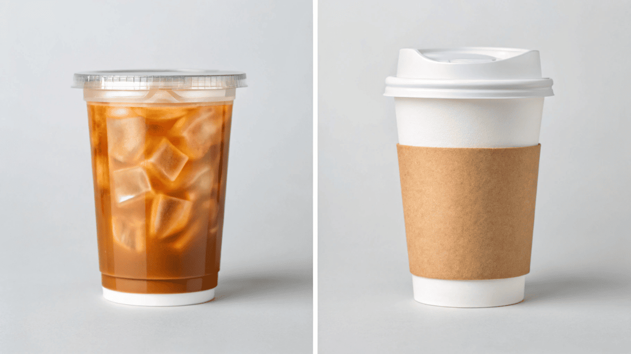 A side-by-side comparison of clear PLA cups for cold drinks and CPLA lids for hot coffee