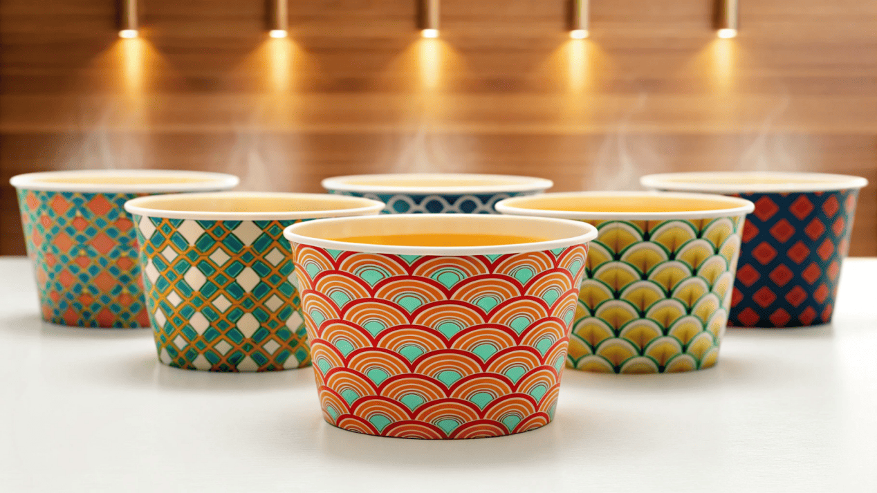 A collection of beautifully designed custom printed paper soup bowls