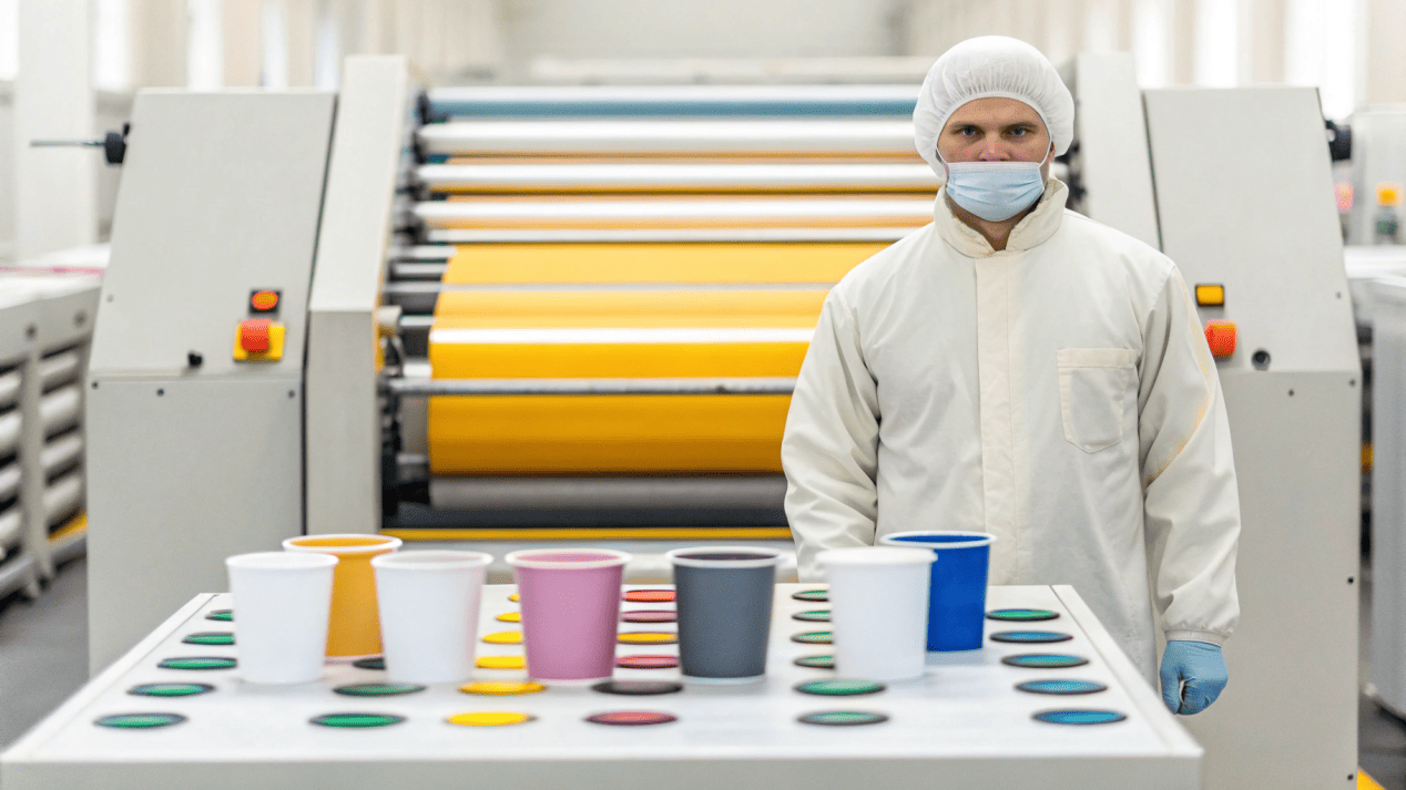 A factory worker adjusting a machine for a small-batch custom print run
