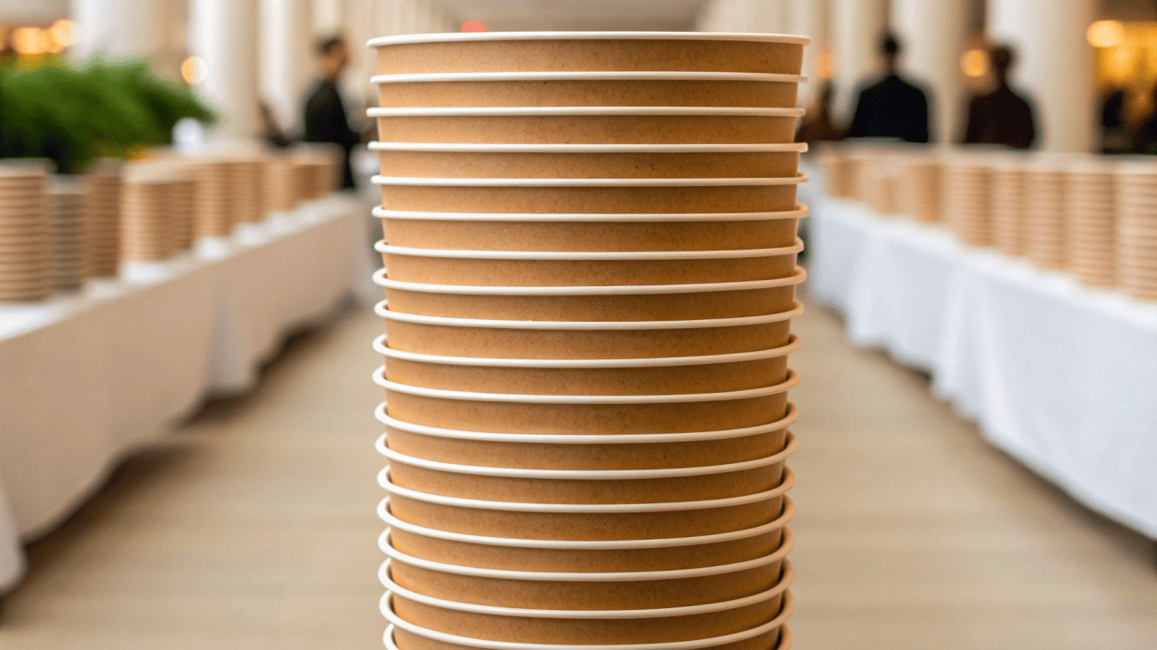 A stack of high-quality, heavy-duty paper soup bowls at a catering event
