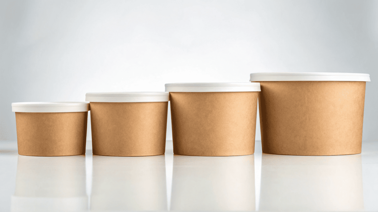 A lineup of different sized paper bowls, from 8oz to 32oz, labeled for their best use