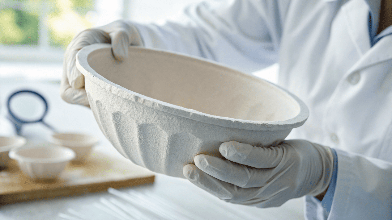 A person inspecting a heavy-duty paper bowl, with quality control and certification icons in the background