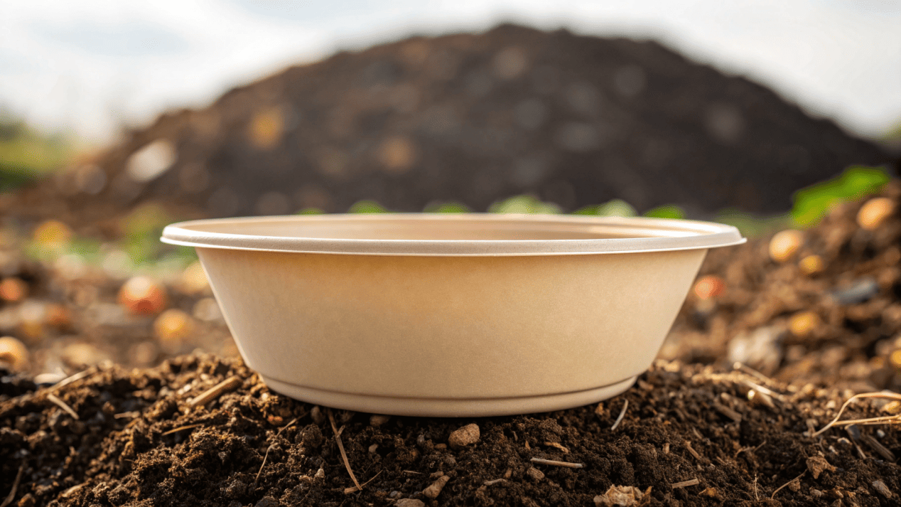 A compostable paper bowl in a commercial composting pile, showing its eco-friendly lifecycle
