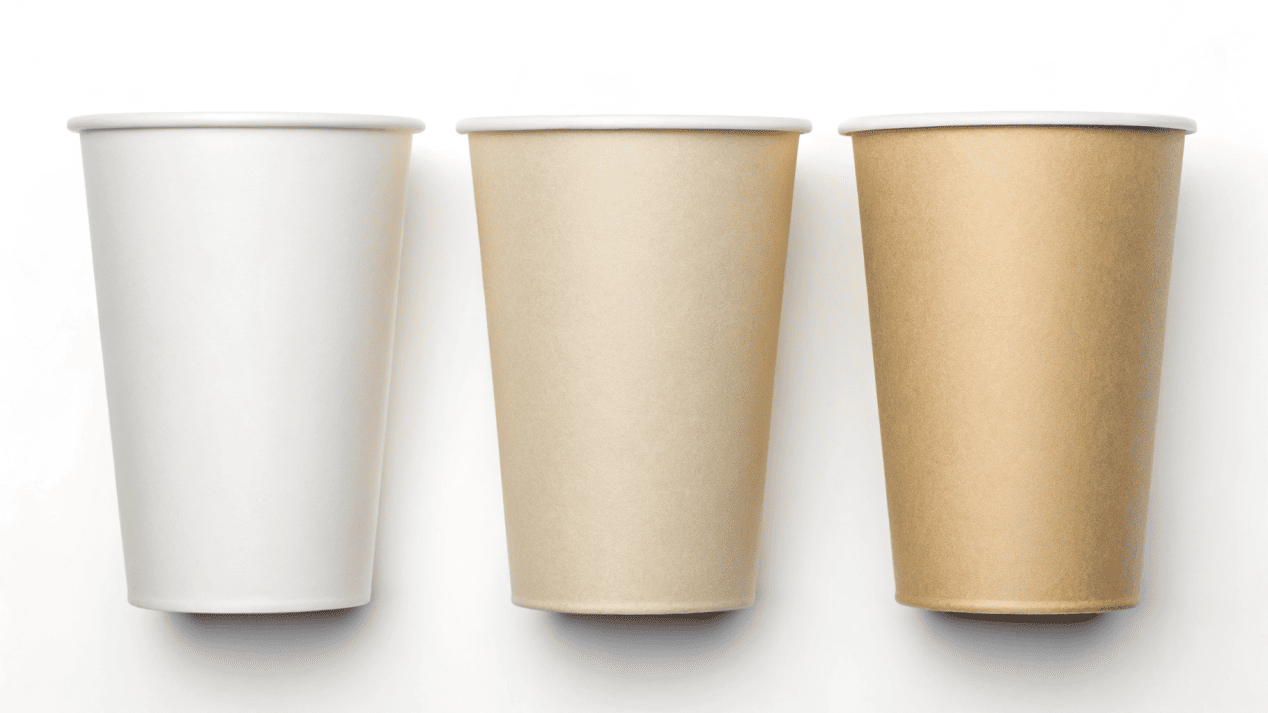 A side-by-side comparison of cups with PE, PLA, and Aqueous coating labels