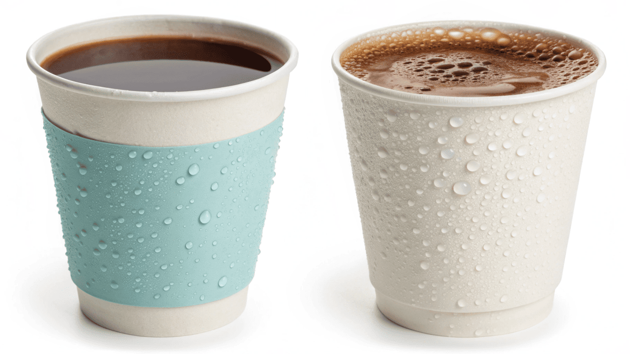 A graphic illustrating the difference between single-coated hot cups and double-coated cold cups