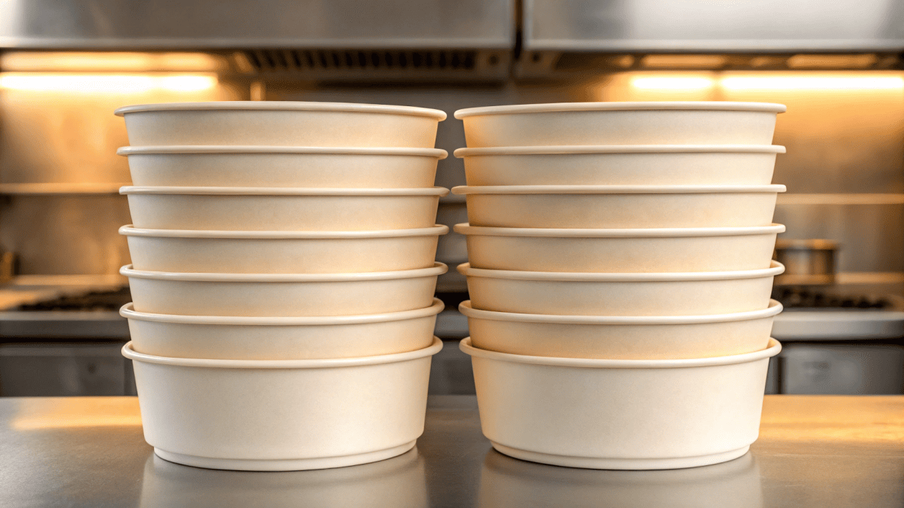 A stack of sturdy heavy-duty paper soup bowls ready for use in a commercial kitchen