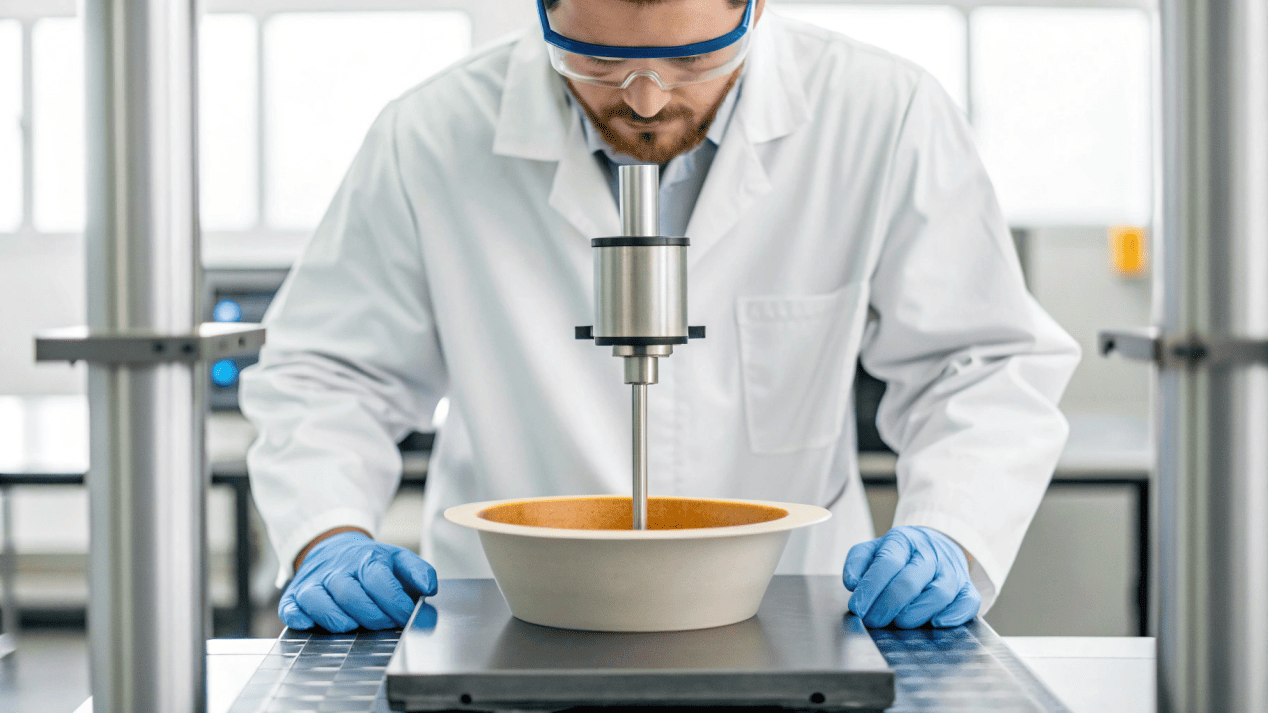 A lab technician performing a side-wall rigidity test on a paper soup bowl