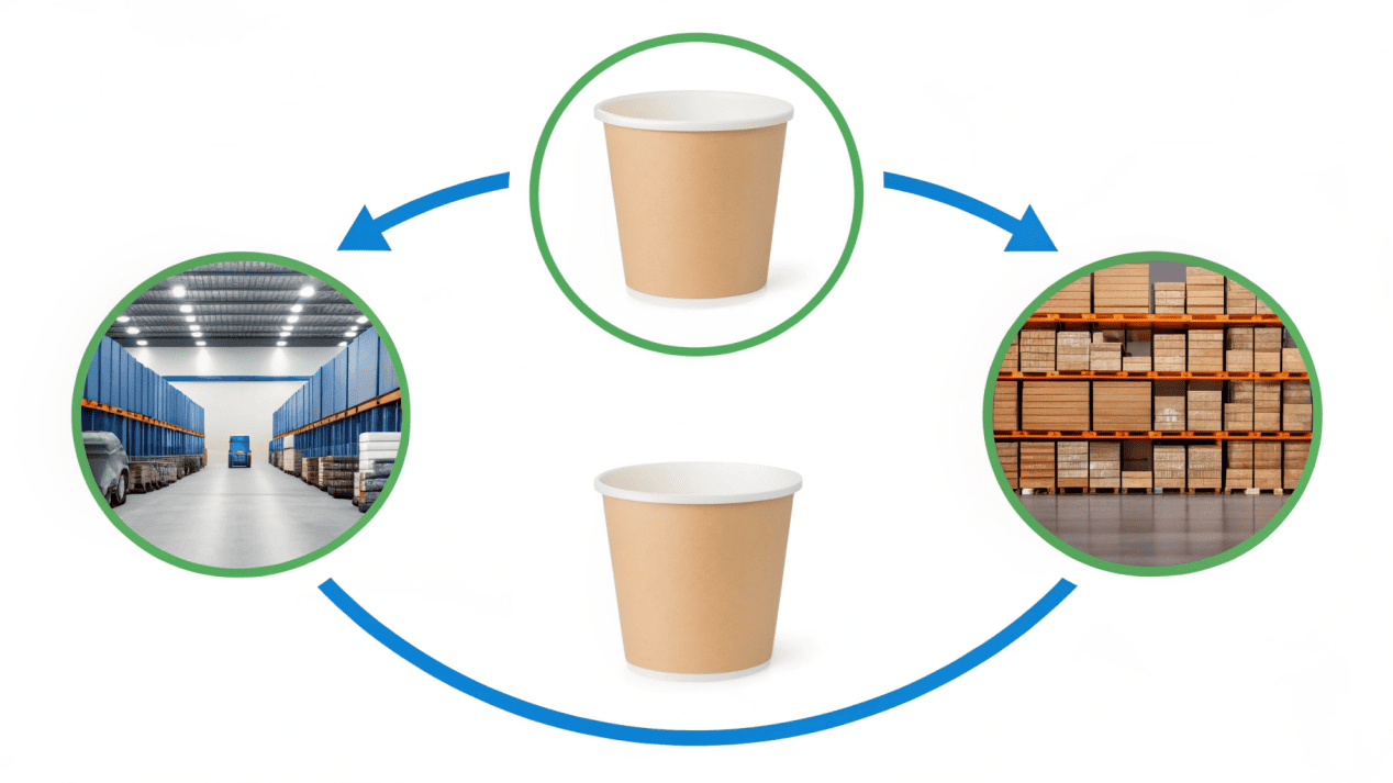 A diagram showing the supply chain from manufacturer to distributor to restaurant