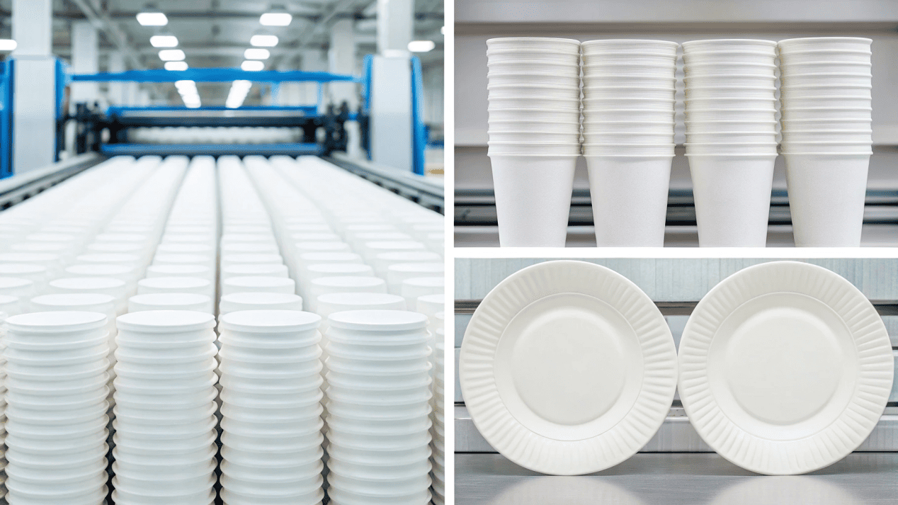 A collage showing the paper tableware production process from raw paper roll to finished plates and cups