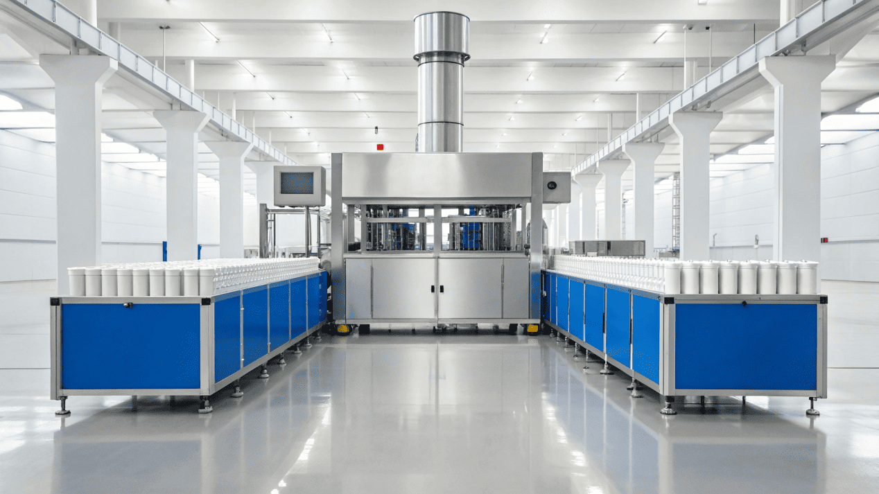 A large, modern paper cup forming machine in a clean factory setting