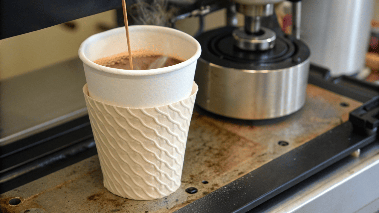 A close-up of a paper plate being pressed into shape by a heated mold