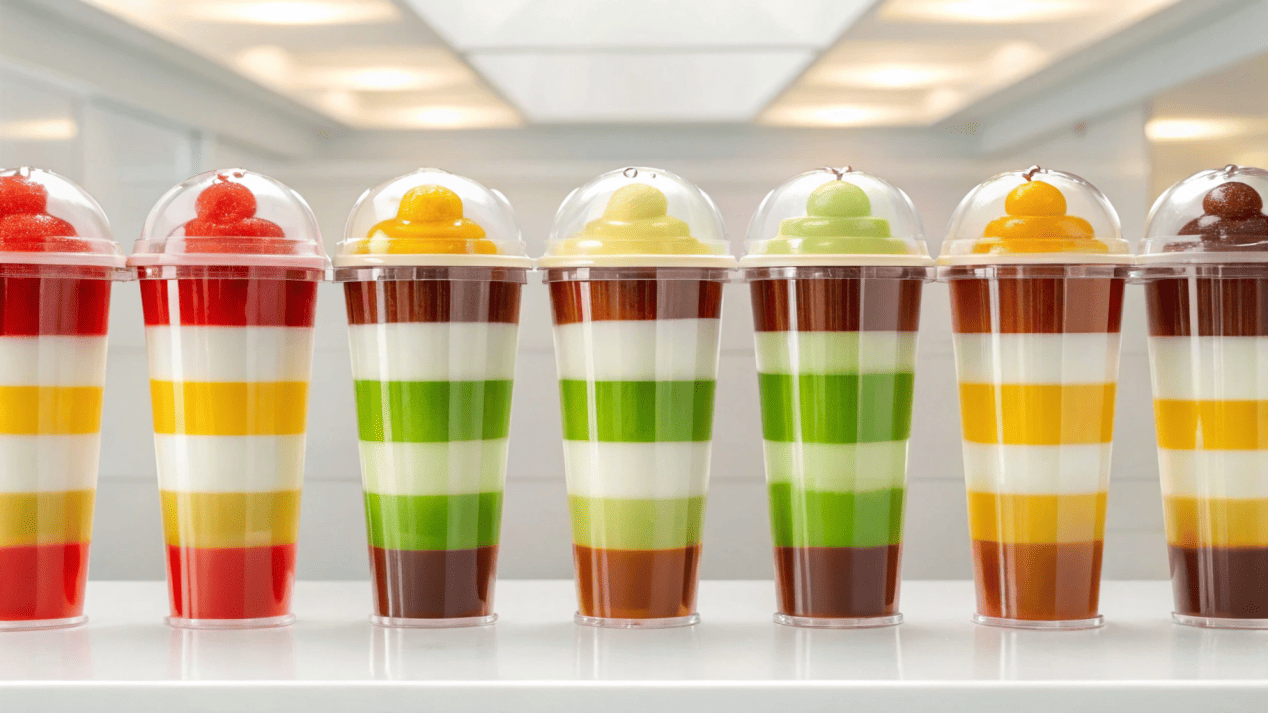 A collection of crystal-clear plastic dessert cups filled with colorful sundaes and parfaits