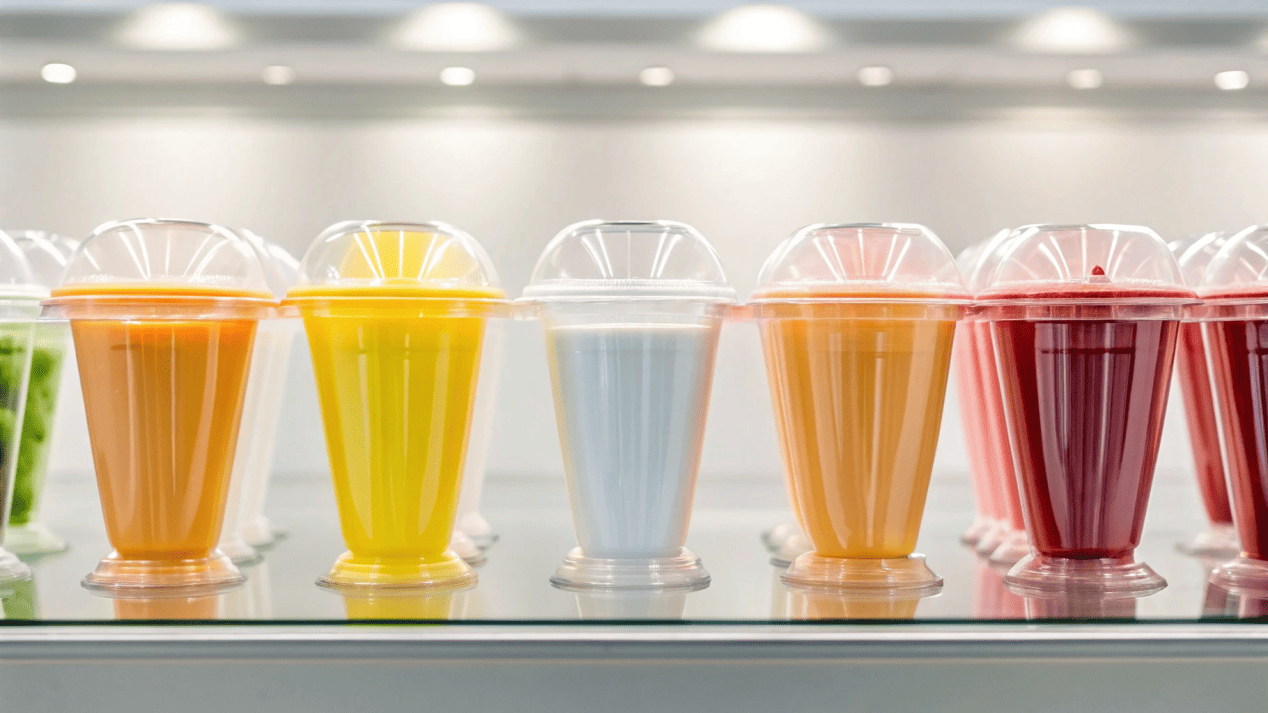 A variety of plastic dessert cups in different shapes like U-shape, V-shape, and wide sundae bowls