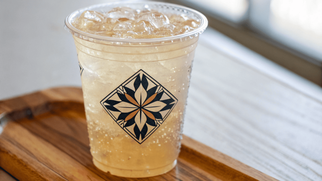 A clear PET cup with a well-designed custom logo printed on it