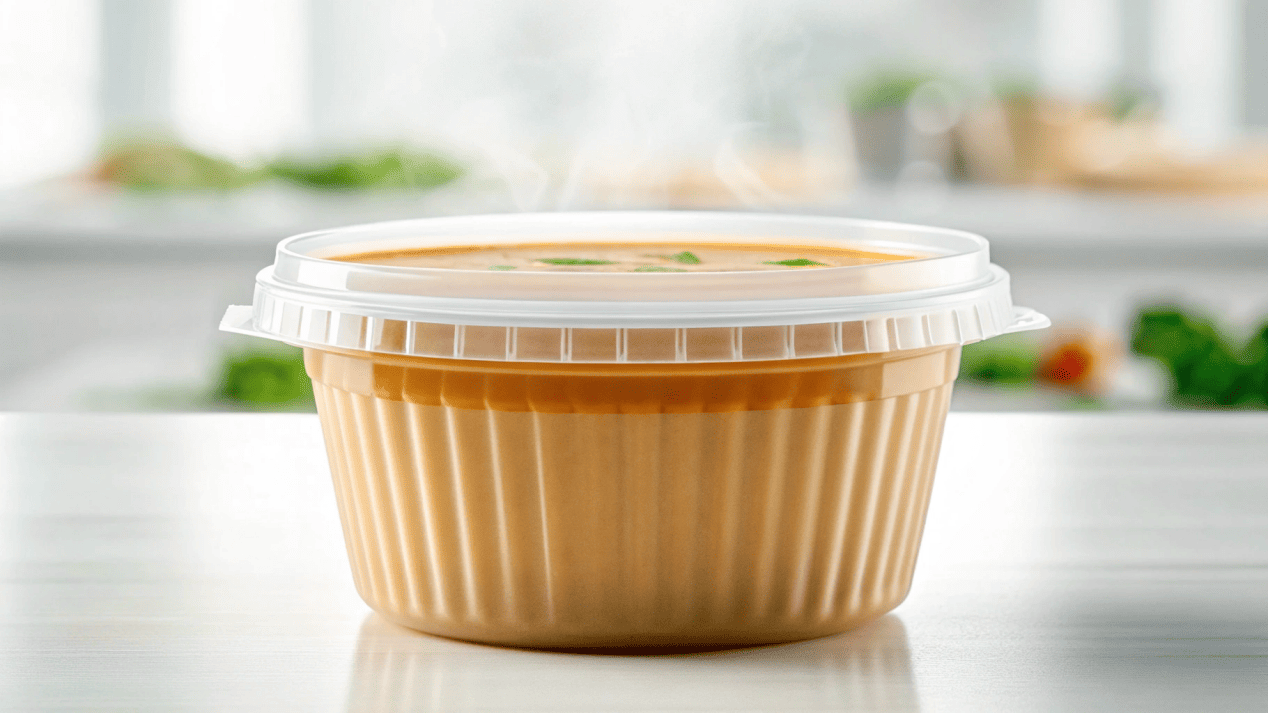 A display of safe, branded plastic soup containers with secure lids