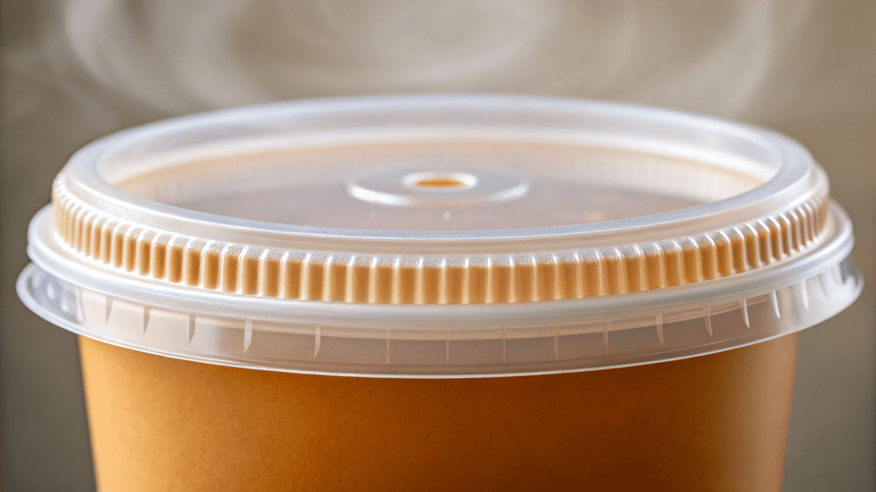 A close-up of a vented plastic lid snapping securely onto a soup container