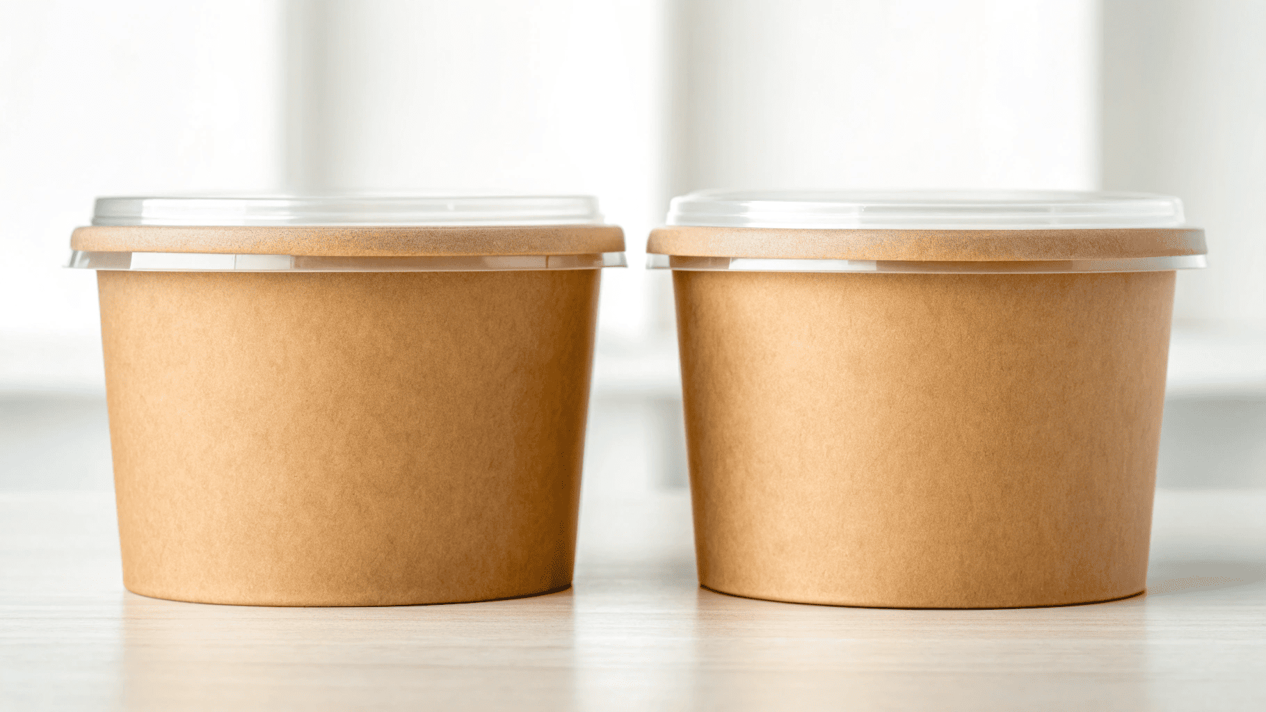 A side-by-side comparison of a compostable bowl with a clear PLA lid and another with a paper lid