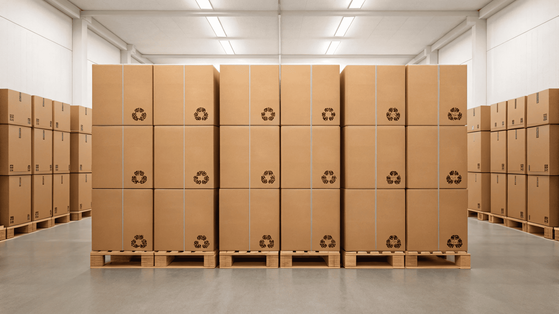 Neatly stacked shipping cartons of compostable bowls in a clean, dry storage room