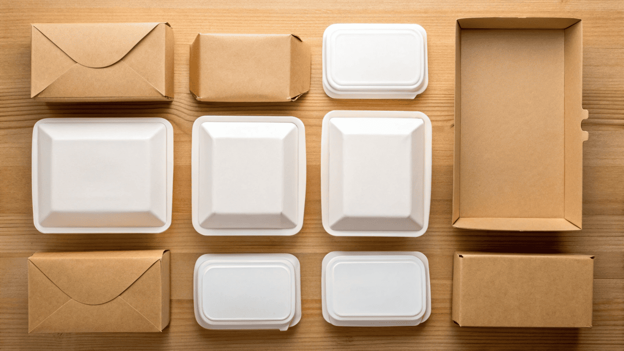 An assortment of different take-out container sizes and materials on a table