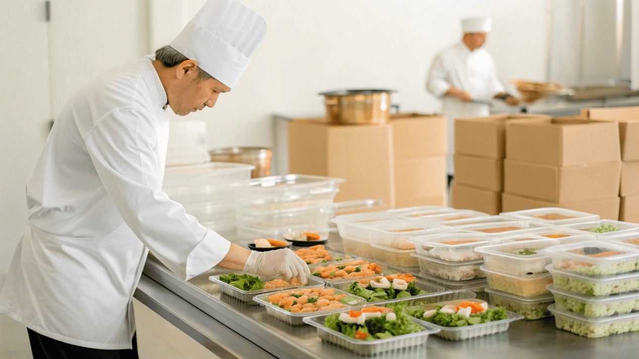 A chef portioning different foods into their matched ideal containers