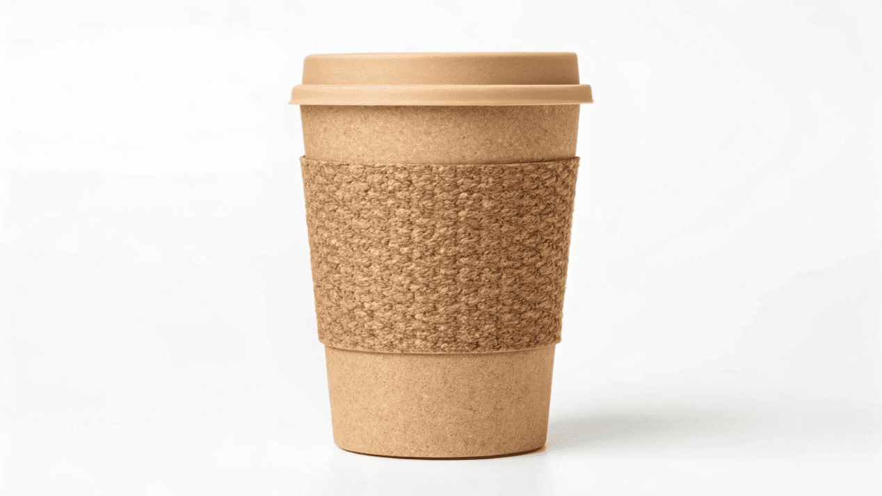A compostable soup cup with branding and a QR code
