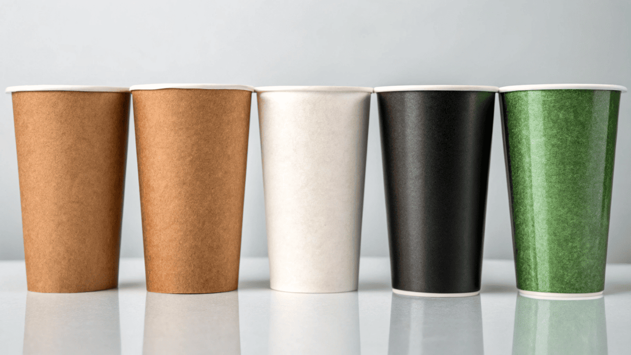 A comparison of different colors and finishes on Kraft paper cups
