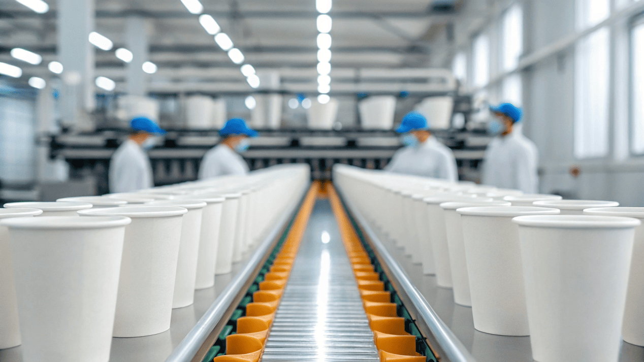 A high-speed machine forming paper cups in a factory setting
