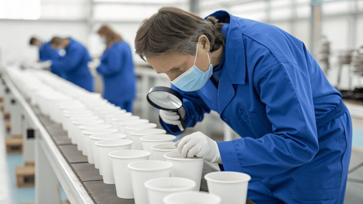 A quality control technician inspecting a batch of paper cups