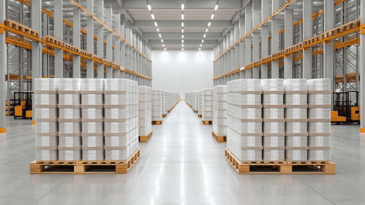 Neatly stacked and packed cartons of paper cups in a warehouse
