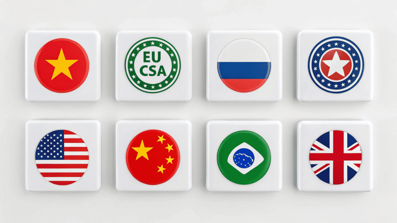 A collection of safety certification logos from different countries
