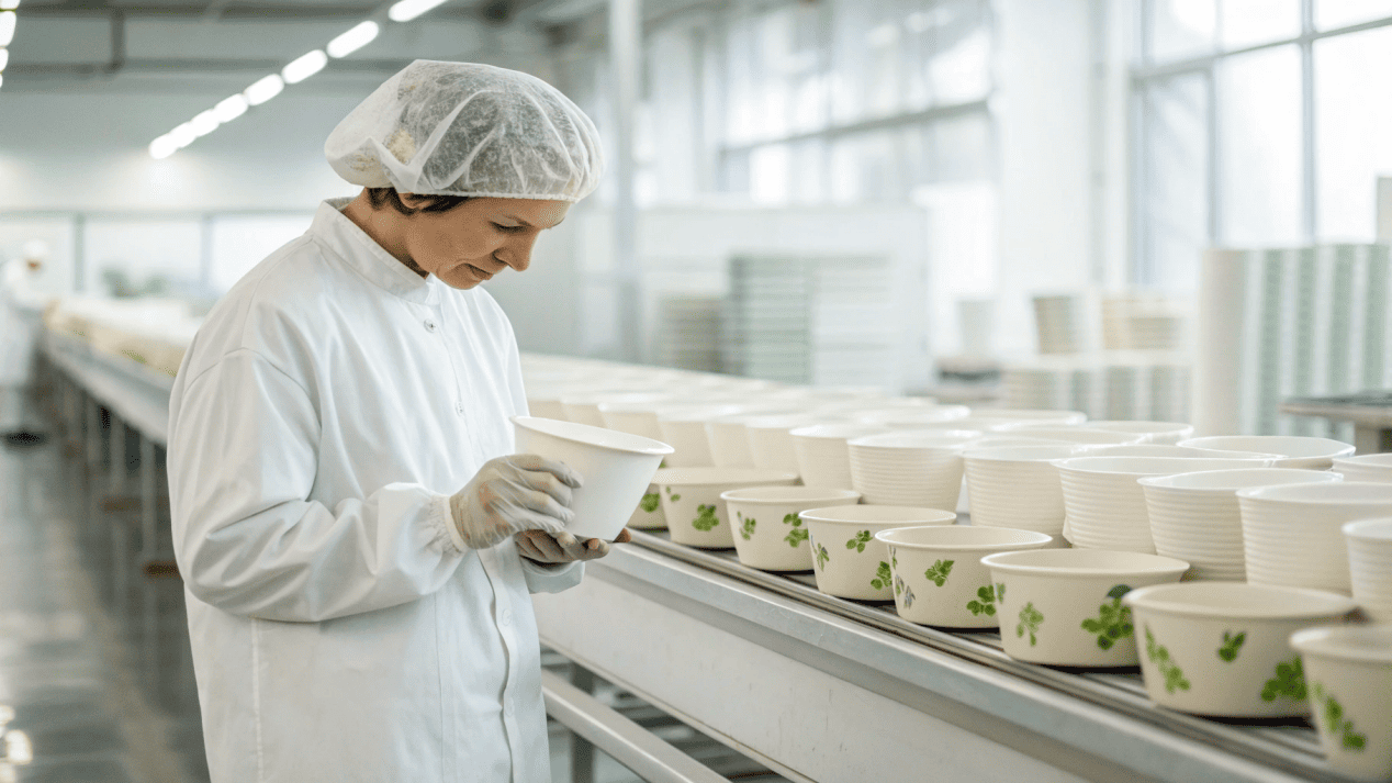 A quality control inspector examining paper bowls in a factory