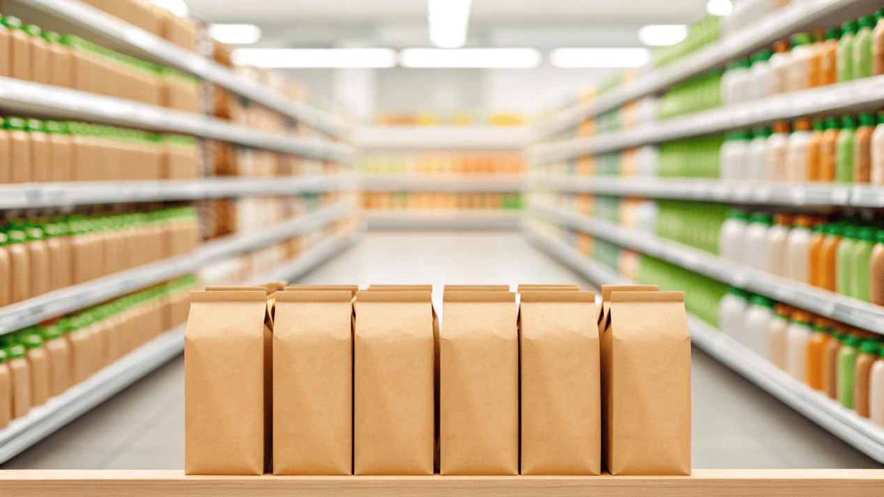 A well-known brand's product on a supermarket shelf with new, eco-friendly packaging