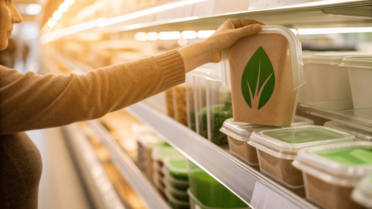A customer in a store picking a product with a visible eco-label over a standard one
