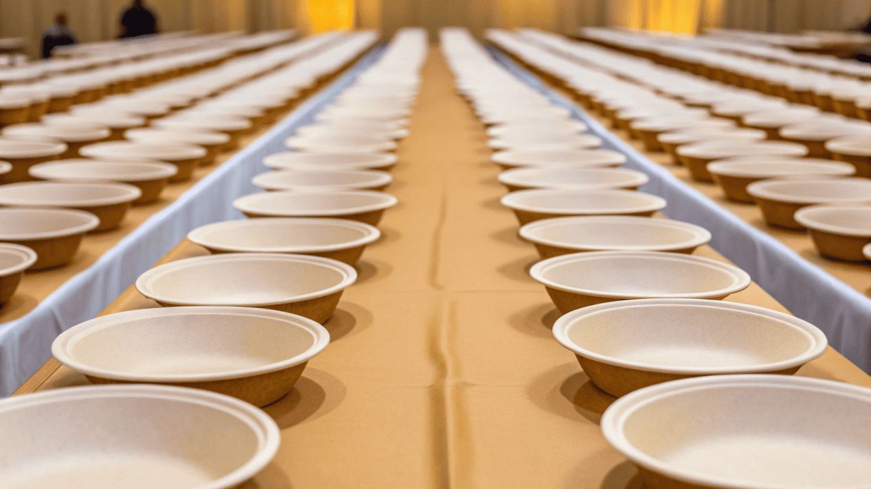 Heavy-Duty Paper Bowls for Catering Wholesale Neat rows of heavy-duty paper bowls prepared for a large catering event