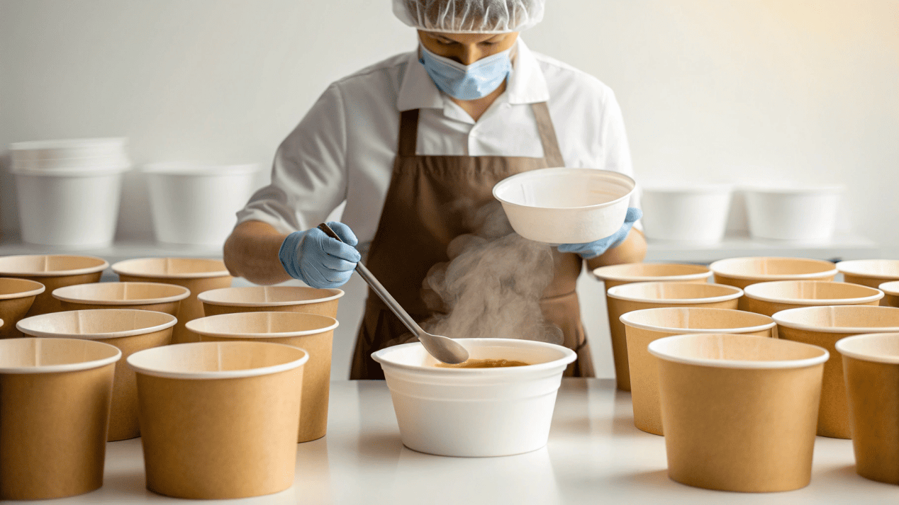 Choosing Bowl Capacity for Large Events A caterer portioning food into different-sized paper bowls