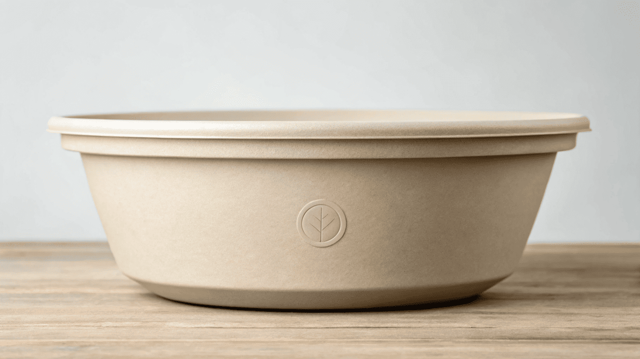 Compostable Options for Event Catering A bagasse bowl with a BPI Certified logo on it