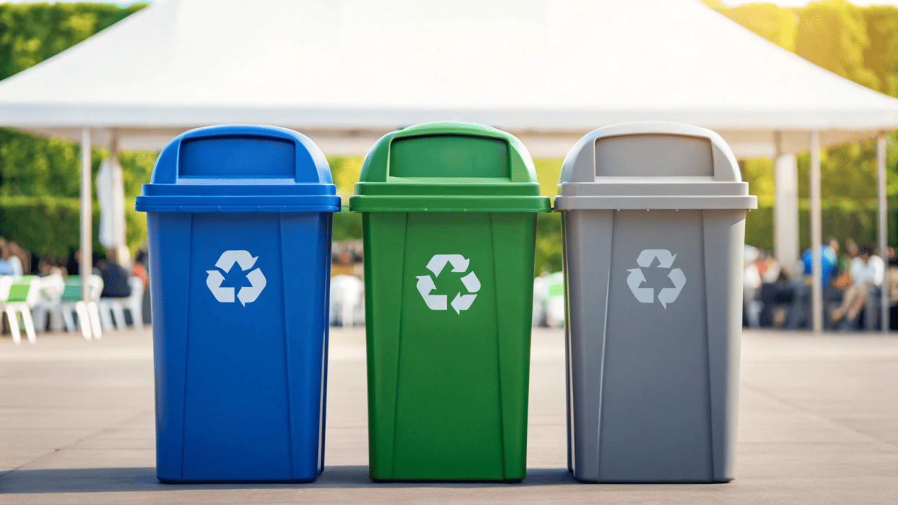 How to Reduce Waste in Catering Services Clearly labeled bins for landfill, recycling, and compost at an event