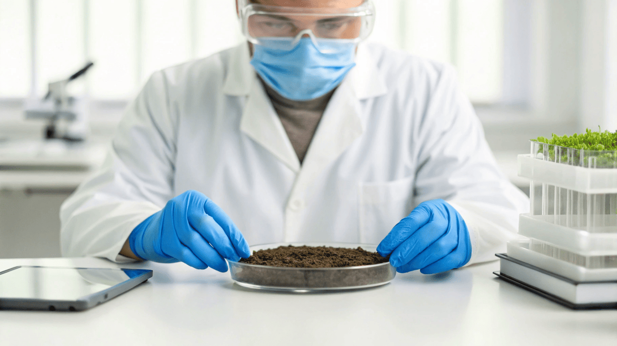 Scientific Testing for BPI Certification A scientist in a lab examining compost samples from a BPI test